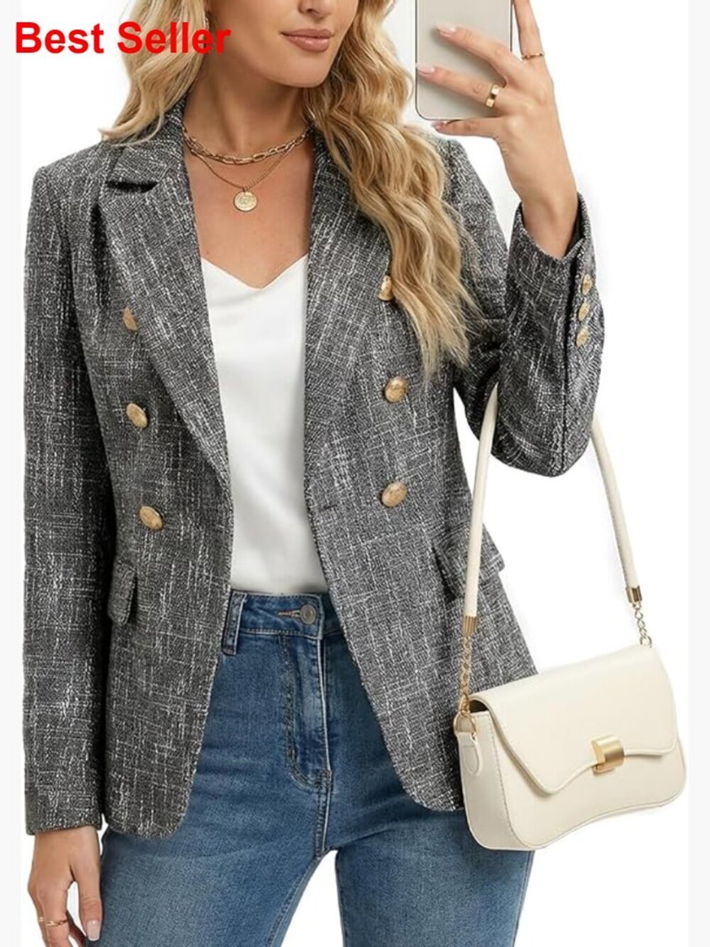 Double Breasted Tweed Blazer with Notch Lapel and Gold Buttons